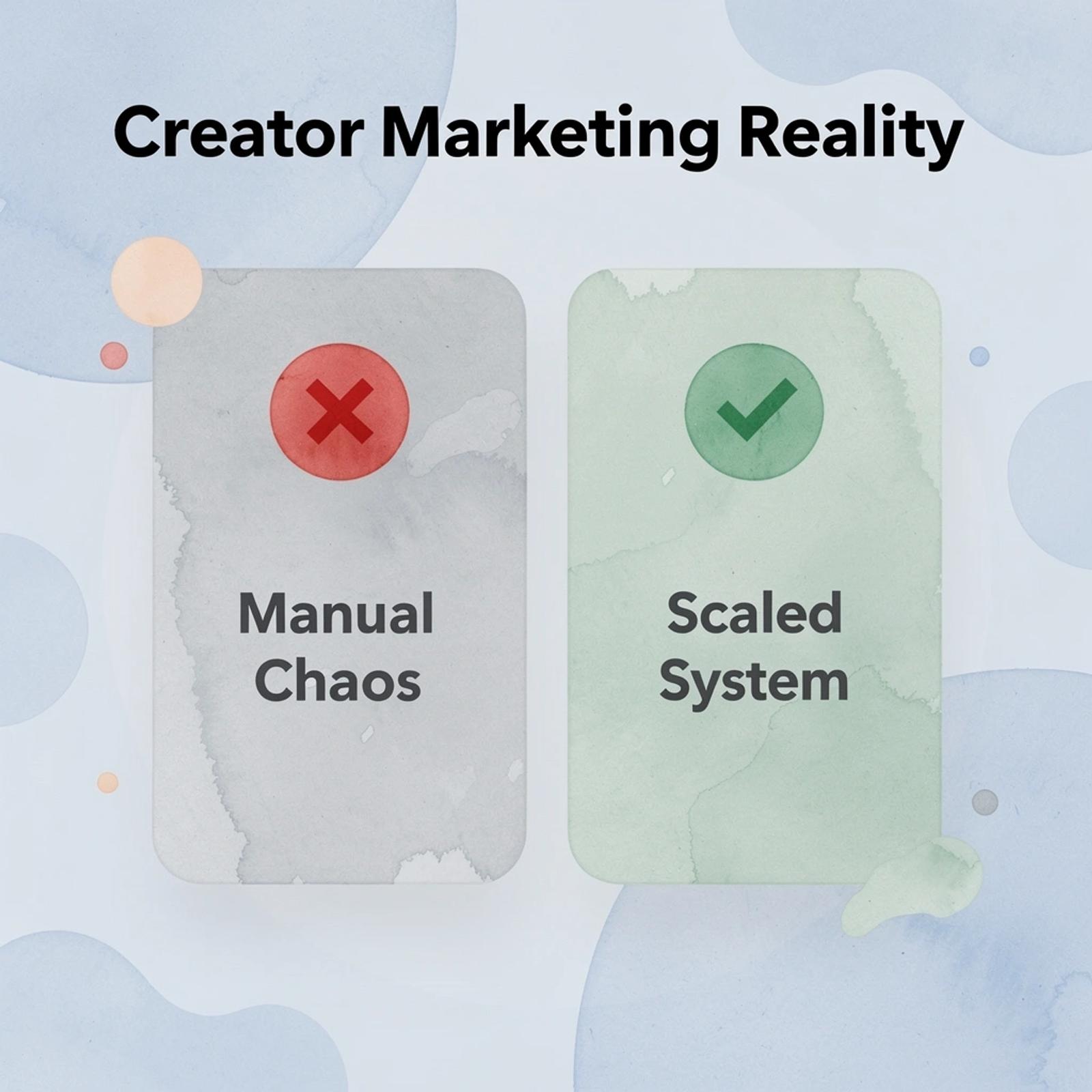 Before and after infographic showing manual chaos versus a scaled creator marketing system