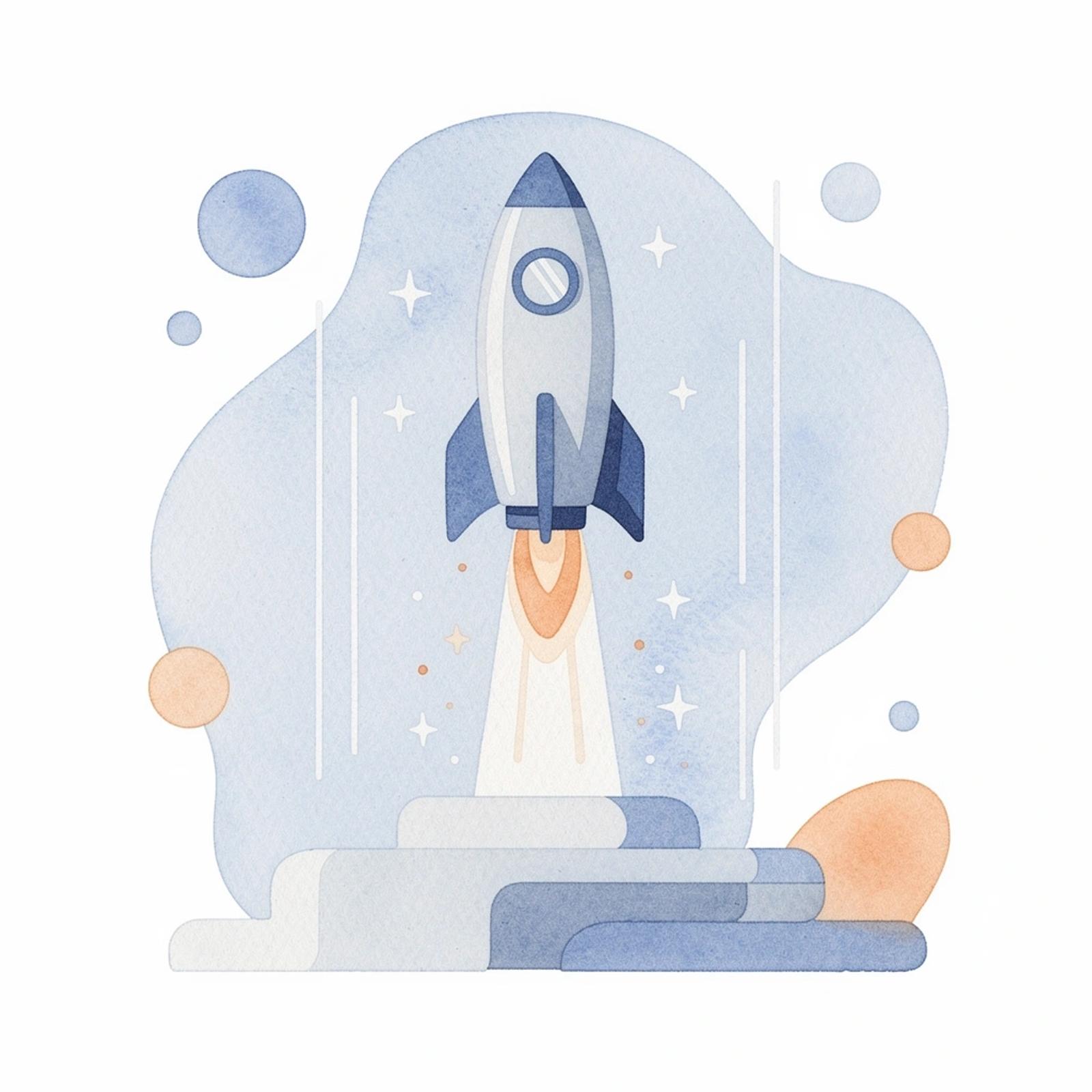 Scene illustration of a rocket launching upward representing scaling creator marketing