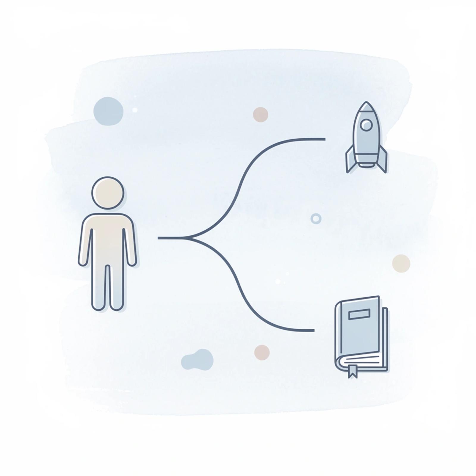 Gear icon splitting into two paths representing the technical vs strategic divide