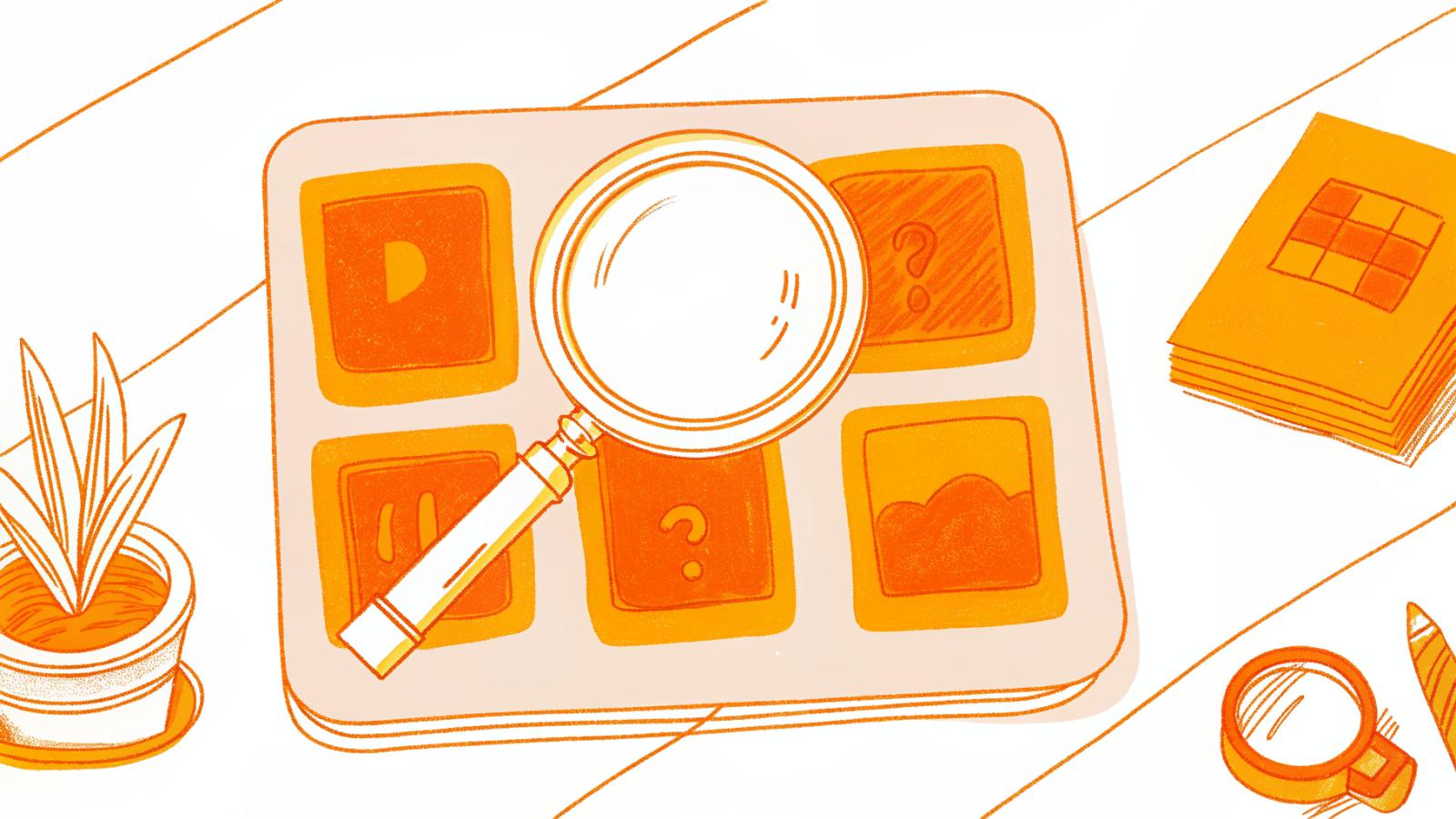Magnifying glass examining a grid of video tool icons, symbolizing FAQ comparison research