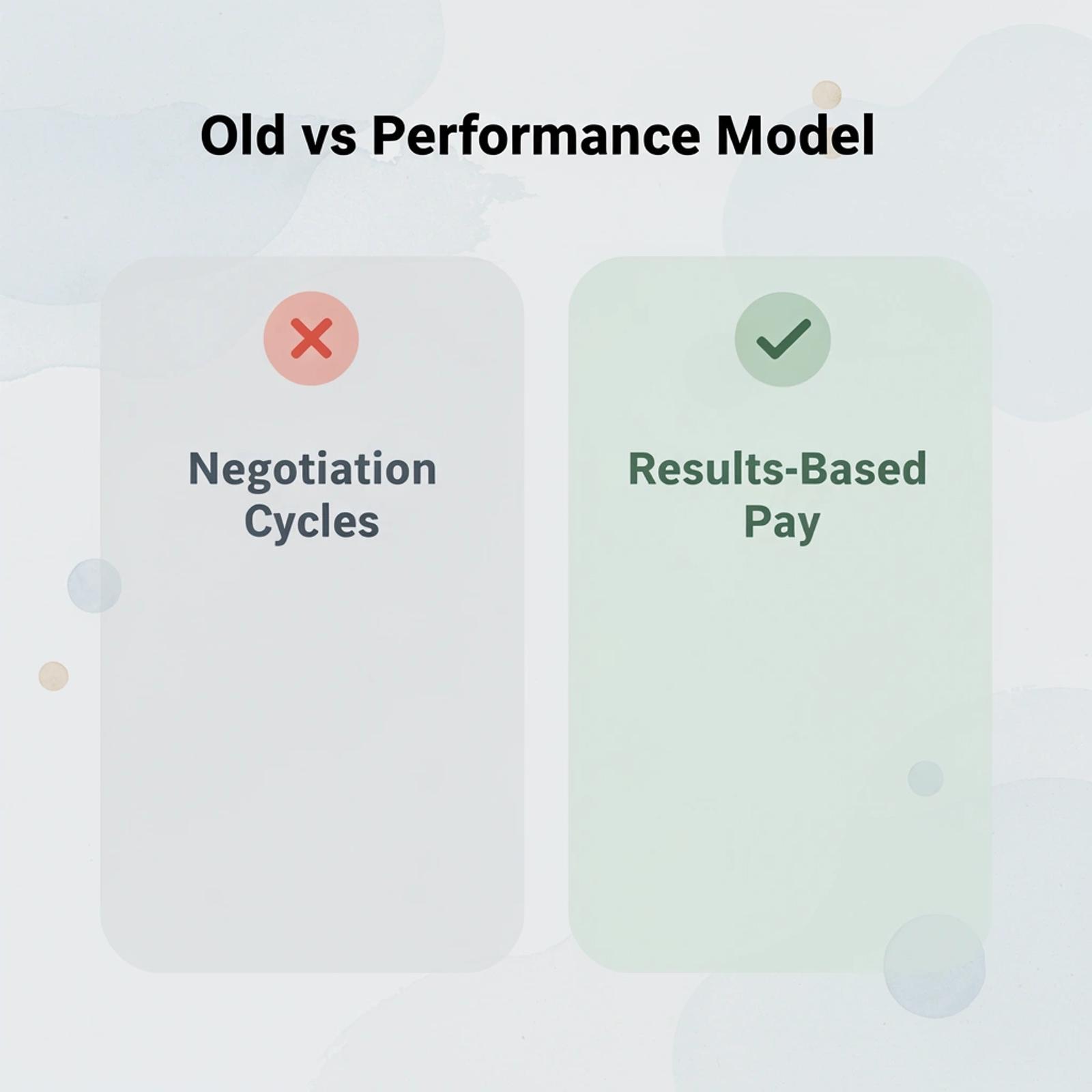 Before and after infographic comparing negotiation cycles to results-based pay