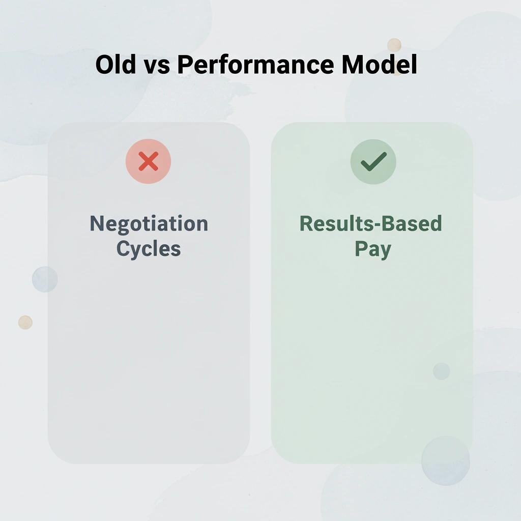 Before and after infographic comparing negotiation cycles to results-based pay
