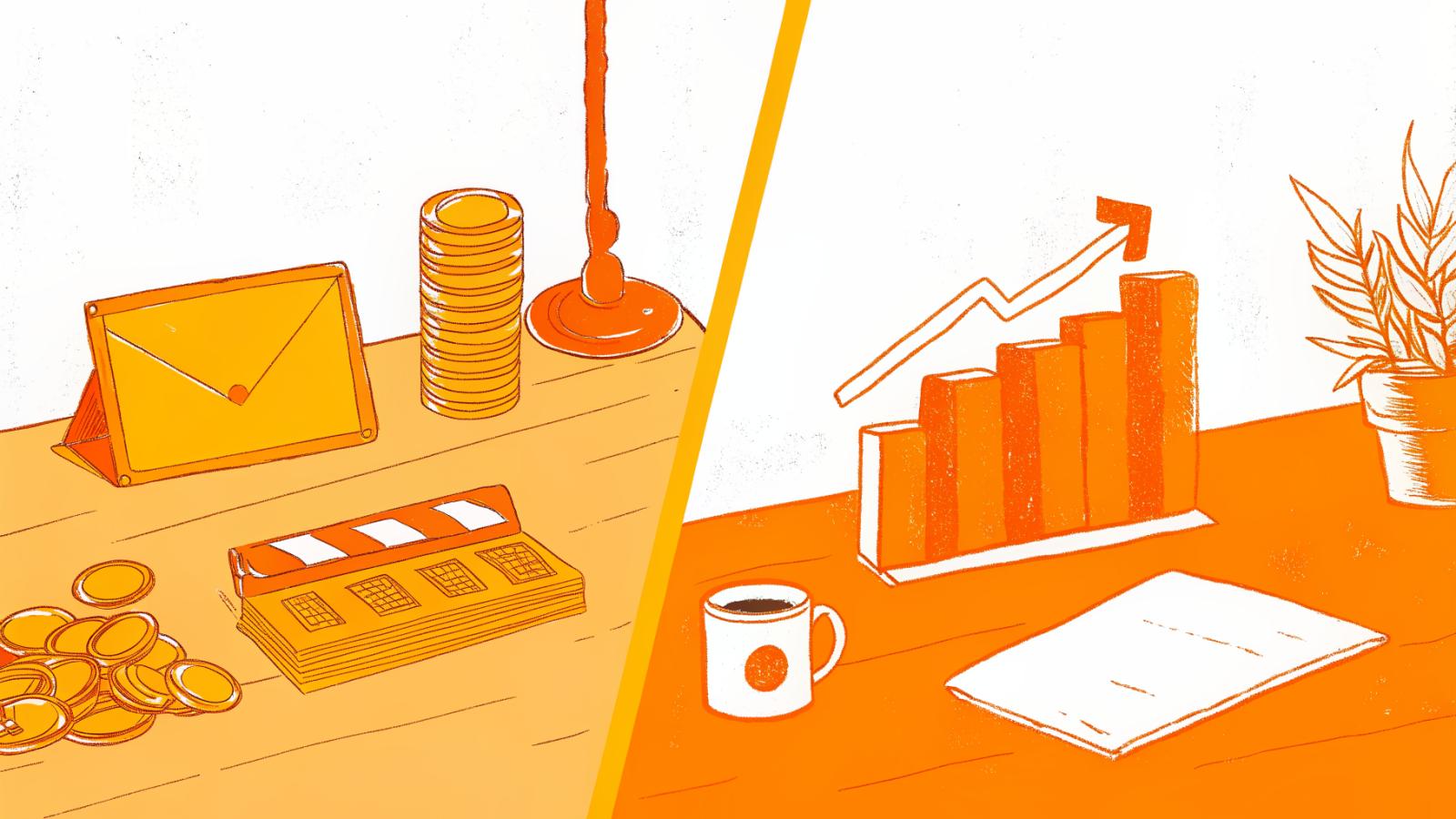 Split desk scene comparing fixed coin stack to rising pay-per-view earnings chart