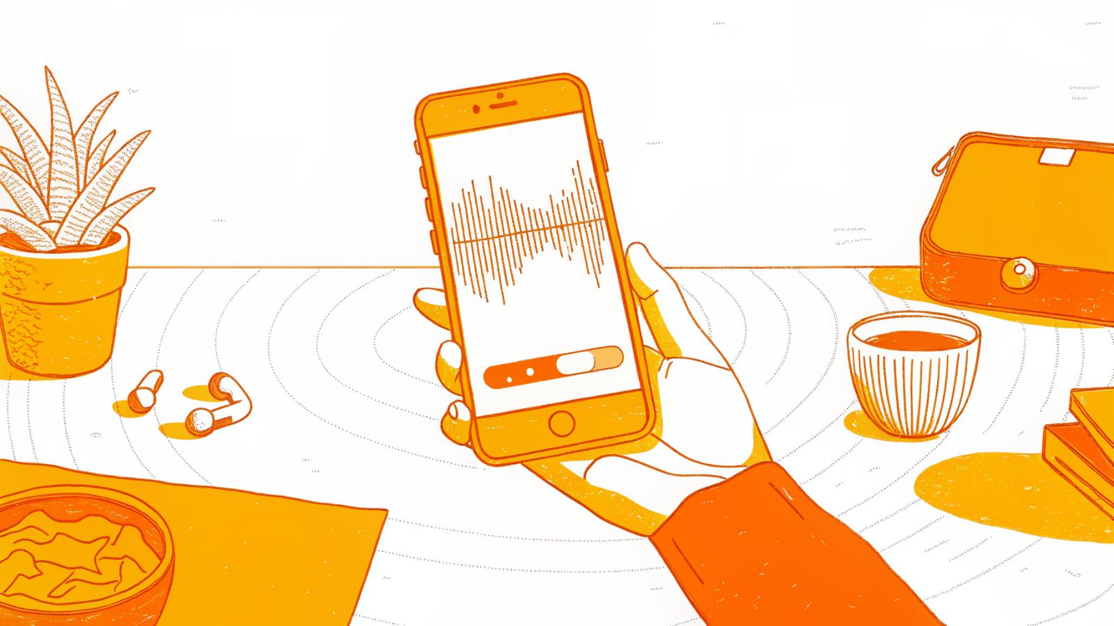 hand holding smartphone with podcast waveform trim tool, earbuds and succulent nearby