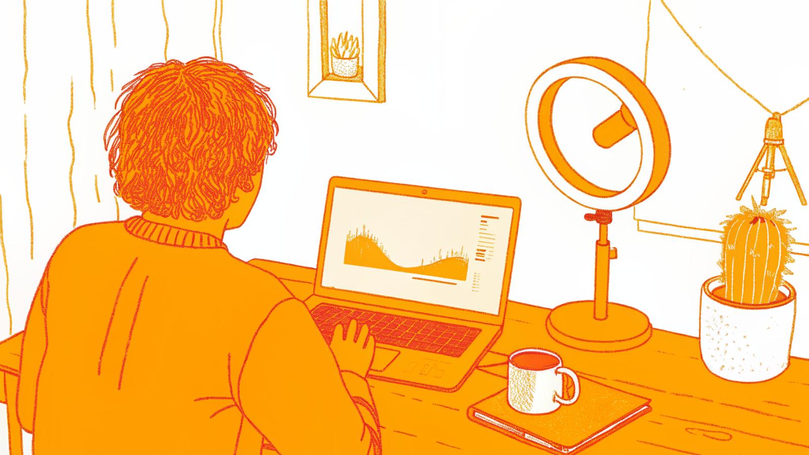 Digital creator editing video at a desk with camera, ring light, and analytics chart