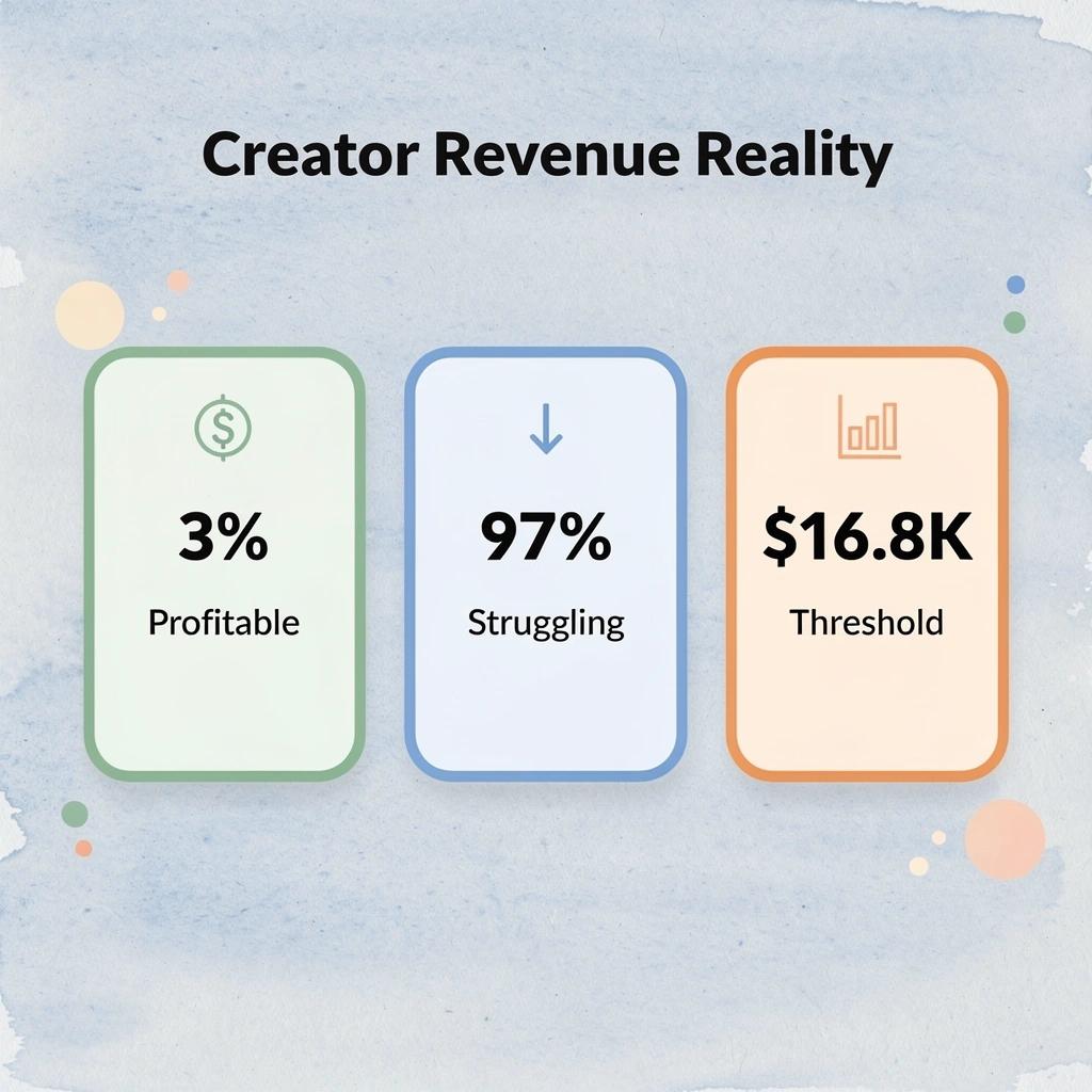 Statistics showing only 3% of YouTube creators make over $16,800 per year