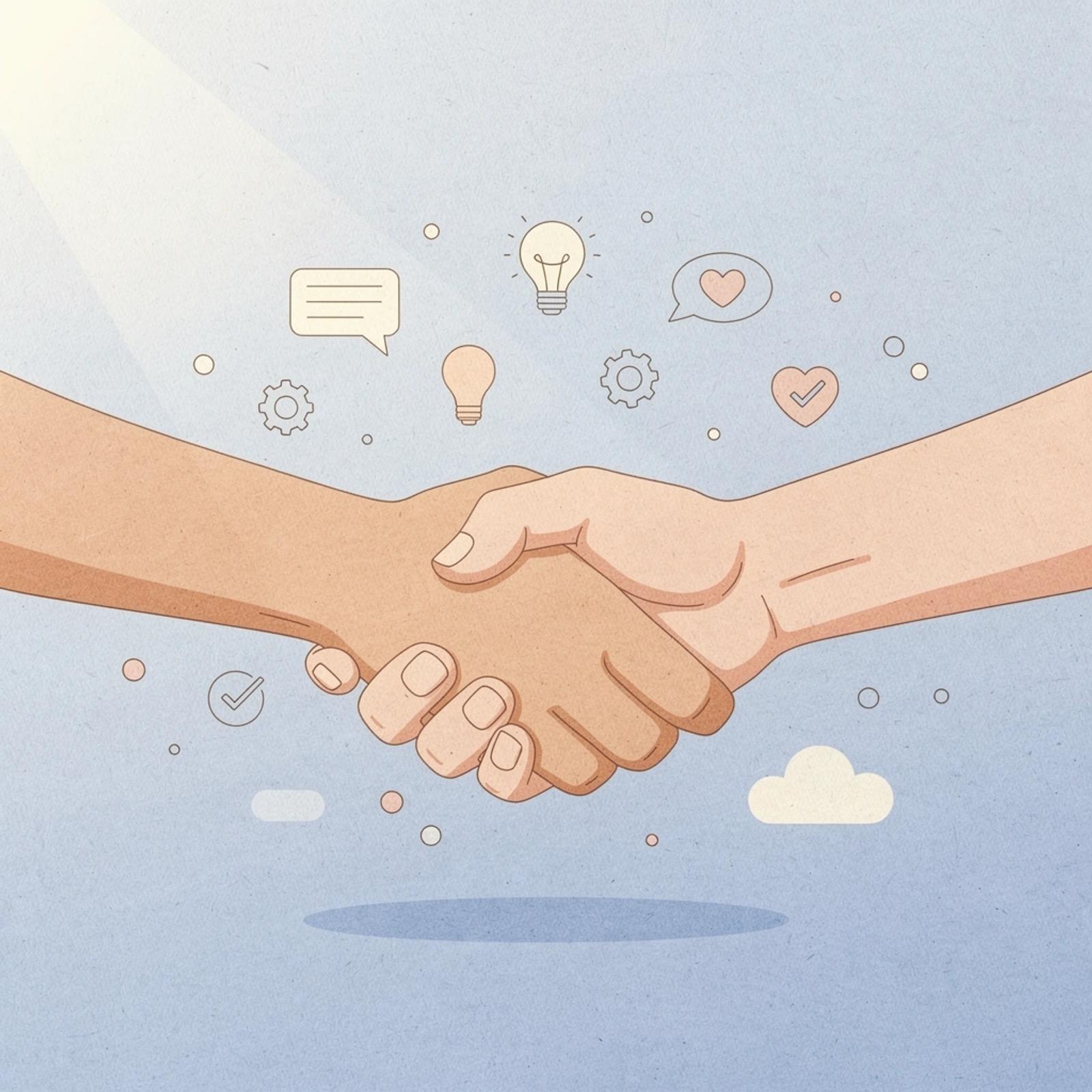 Scene of a creator and brand forming a partnership with floating icons