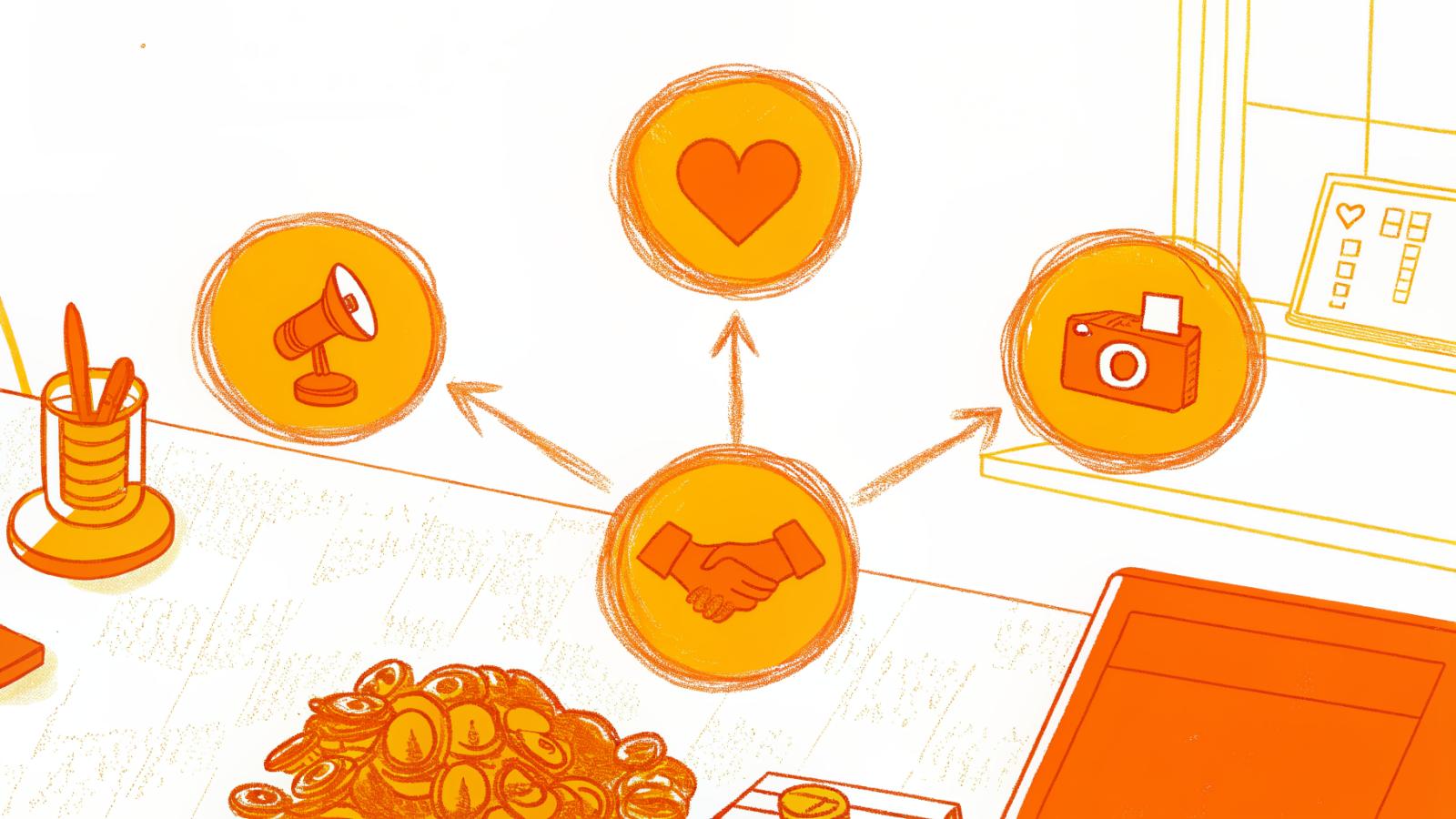 Three connected income stream icons glowing around a central hub, faded disconnected streams in corners
