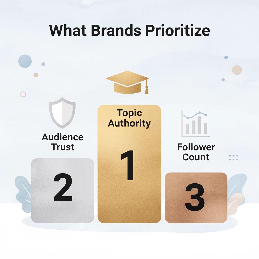 Podium ranking showing topic authority and audience trust ranked above follower count