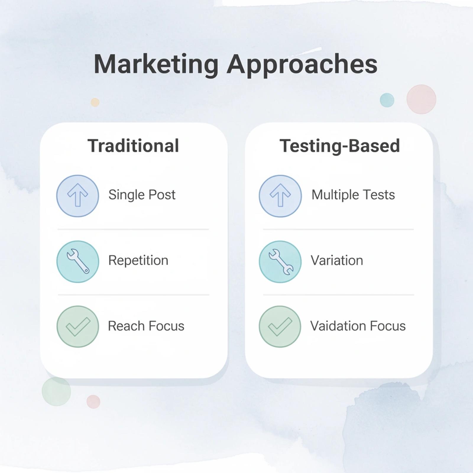 Comparison table showing traditional versus testing-based marketing approaches