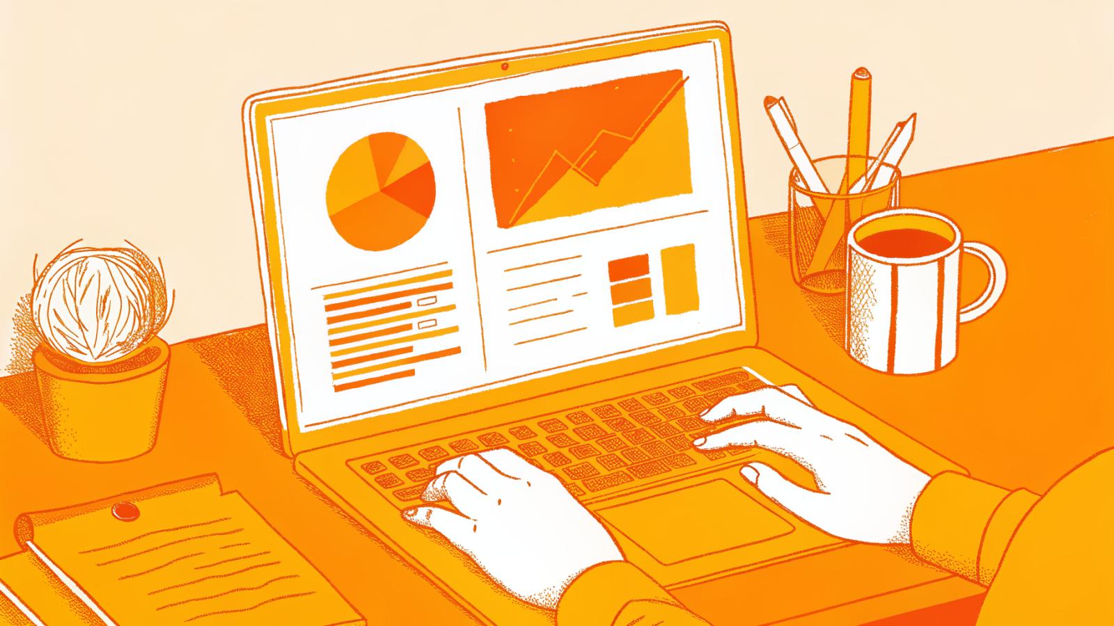 Creator building a polished media kit at a laptop with audience data charts