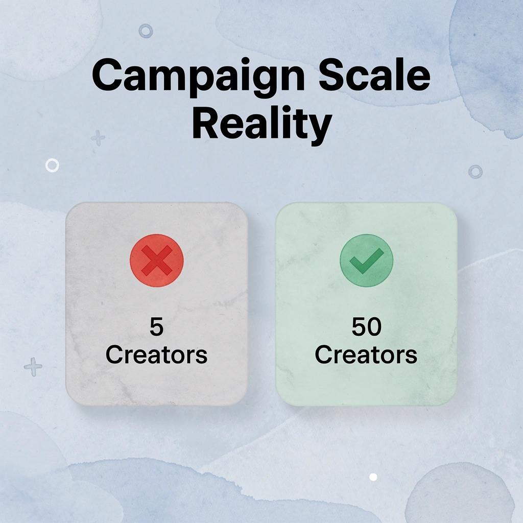 Before and after infographic showing manageable five creator campaigns versus broken fifty creator systems