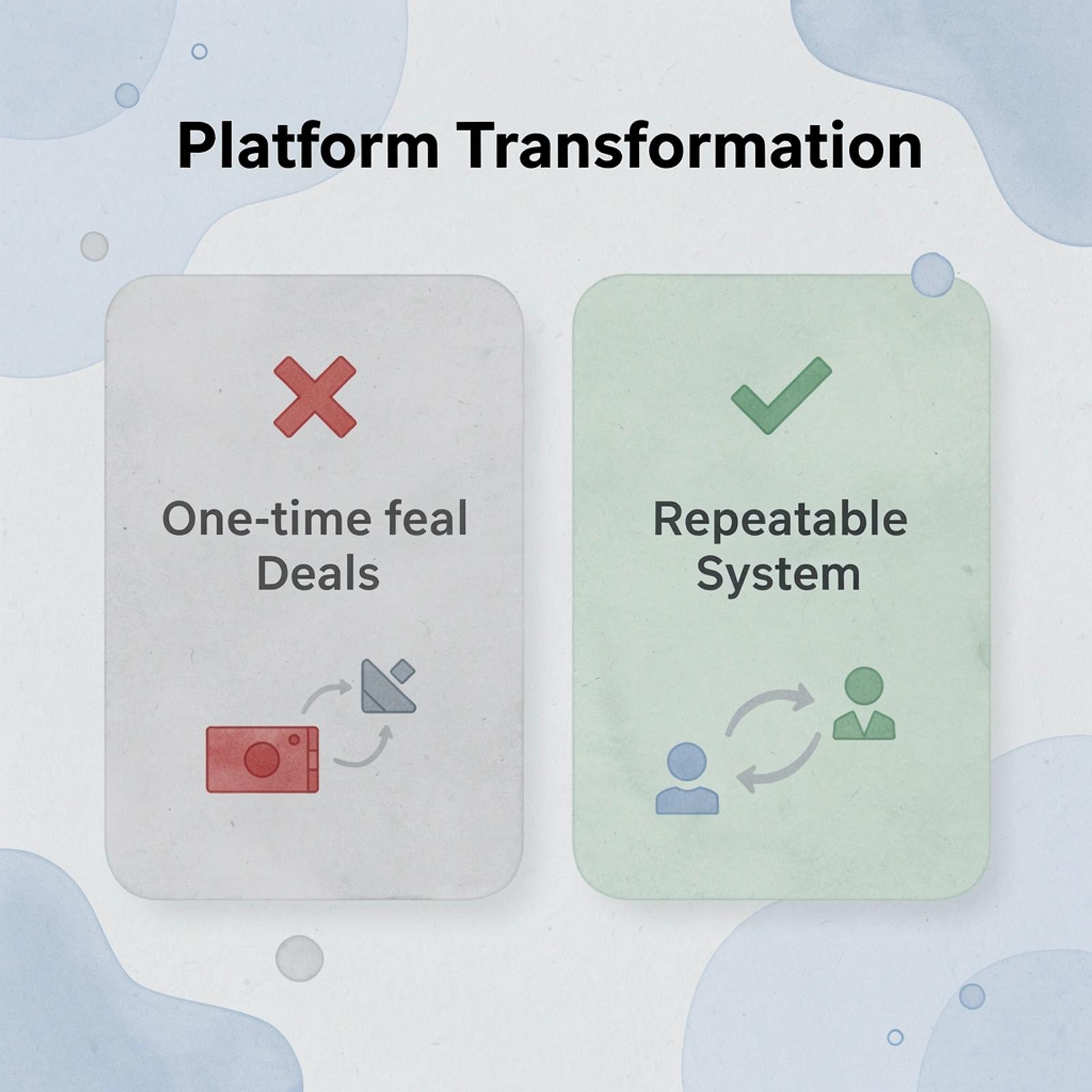 Before and after comparison showing transformation from one-time deals to repeatable systems