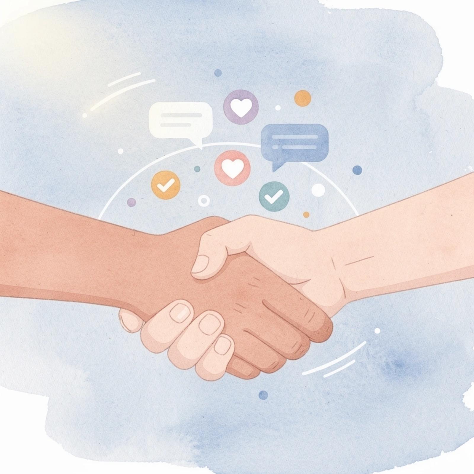 Scene of a creator and brand partner shaking hands with floating collaboration icons