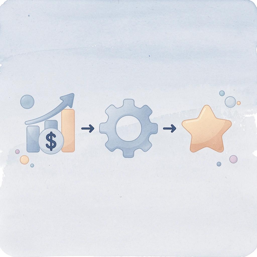 Three icons representing performance payments, scalability, and revenue tracking