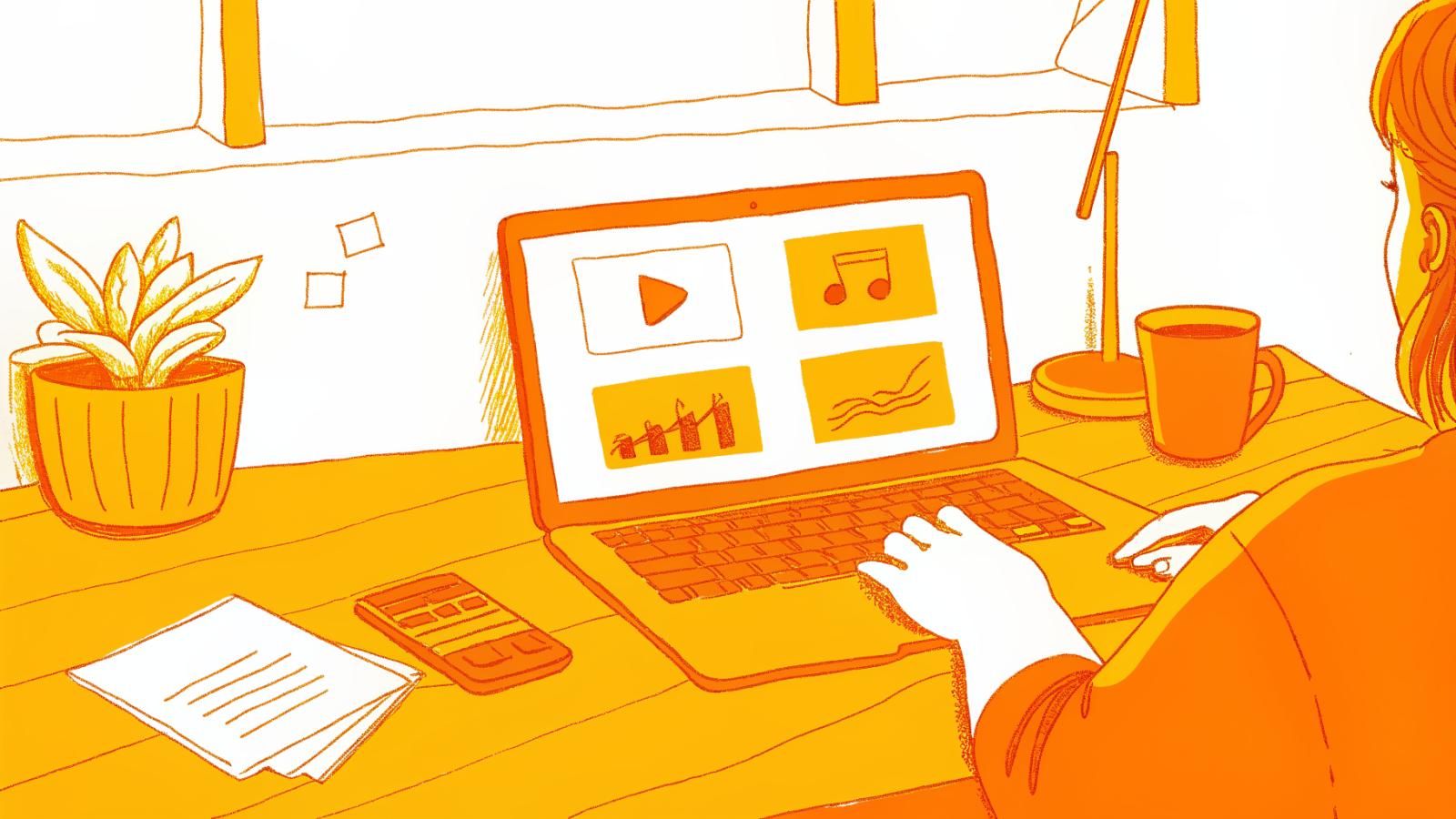 Creator at laptop comparing multi-platform video earnings with rising chart icons