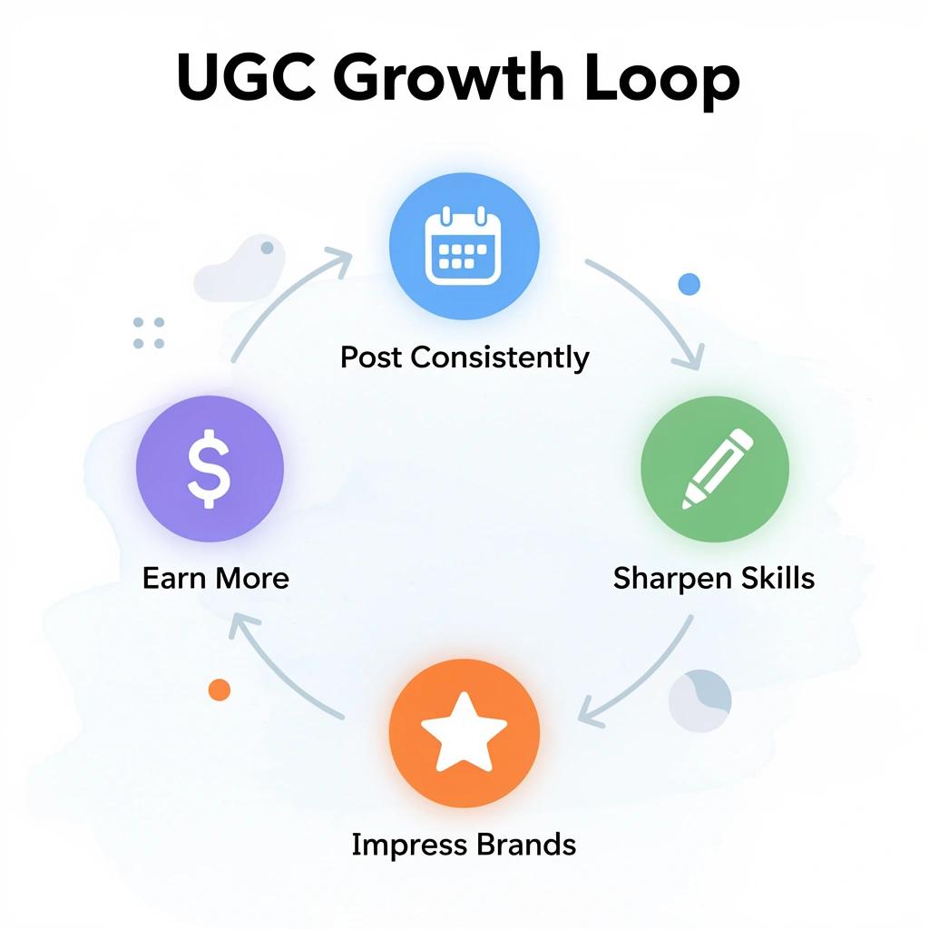 Cycle loop infographic showing the four repeating steps of UGC earnings growth