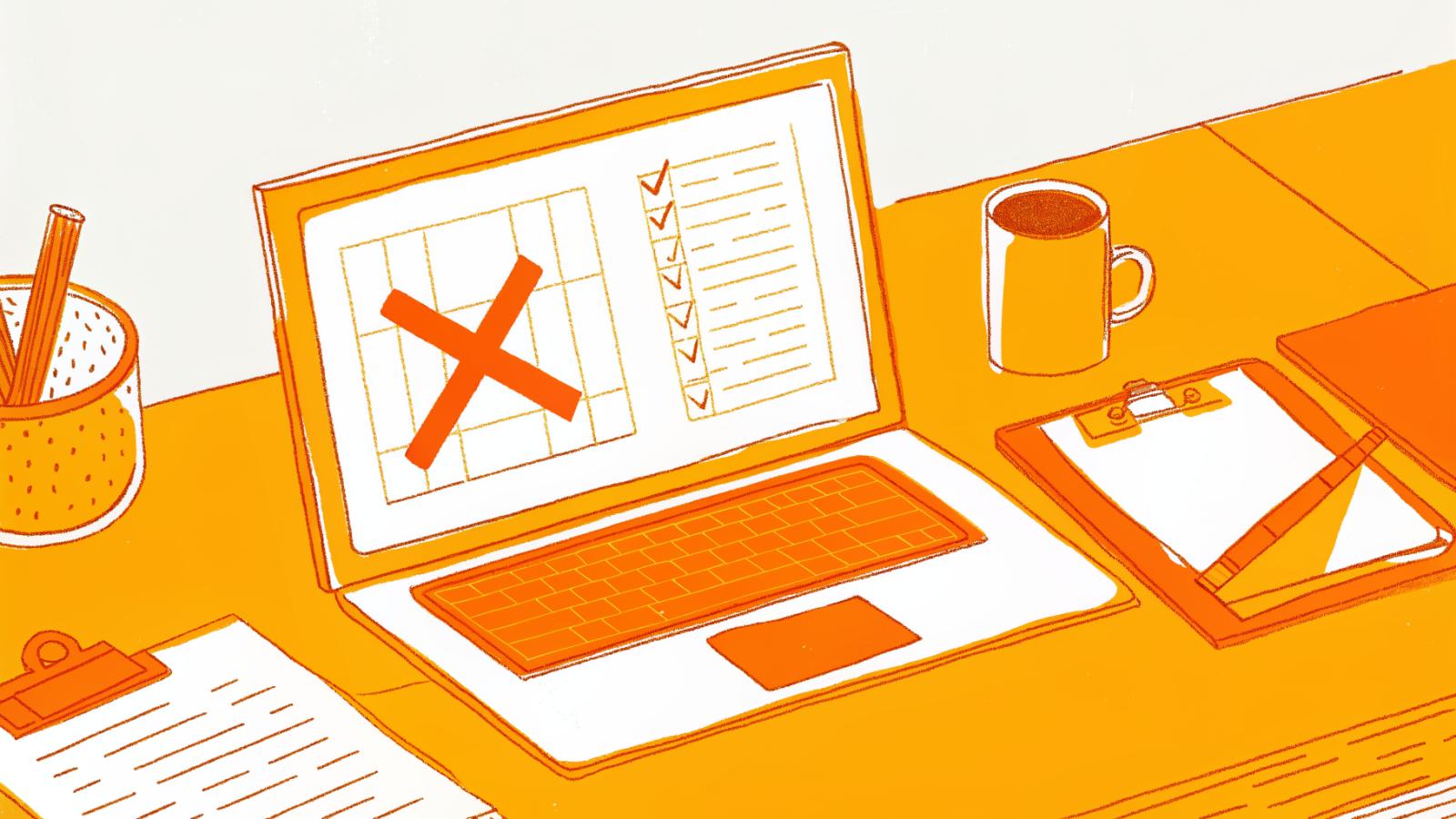 Creator's desk with a blocked pitch form and rejected checklist, pipeline stopped early