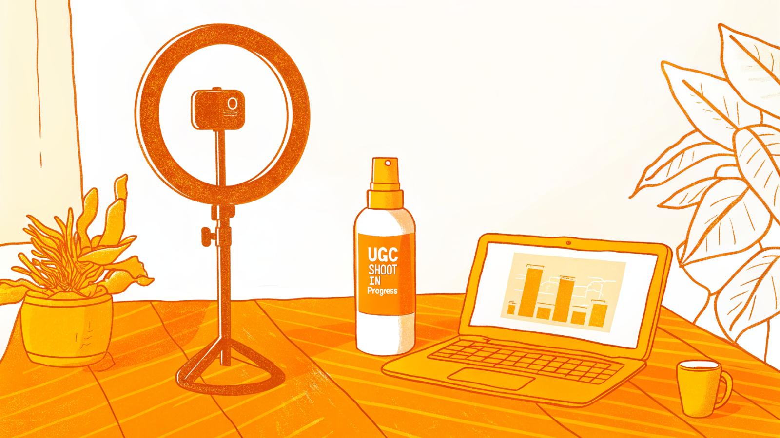 Creator filming a product on a smartphone at a desk beside a campaign performance dashboard