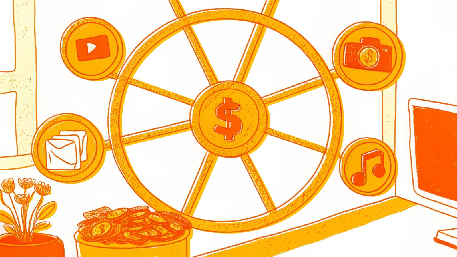 Five social platform icons radiating from a central coin, comparing creator monetization models