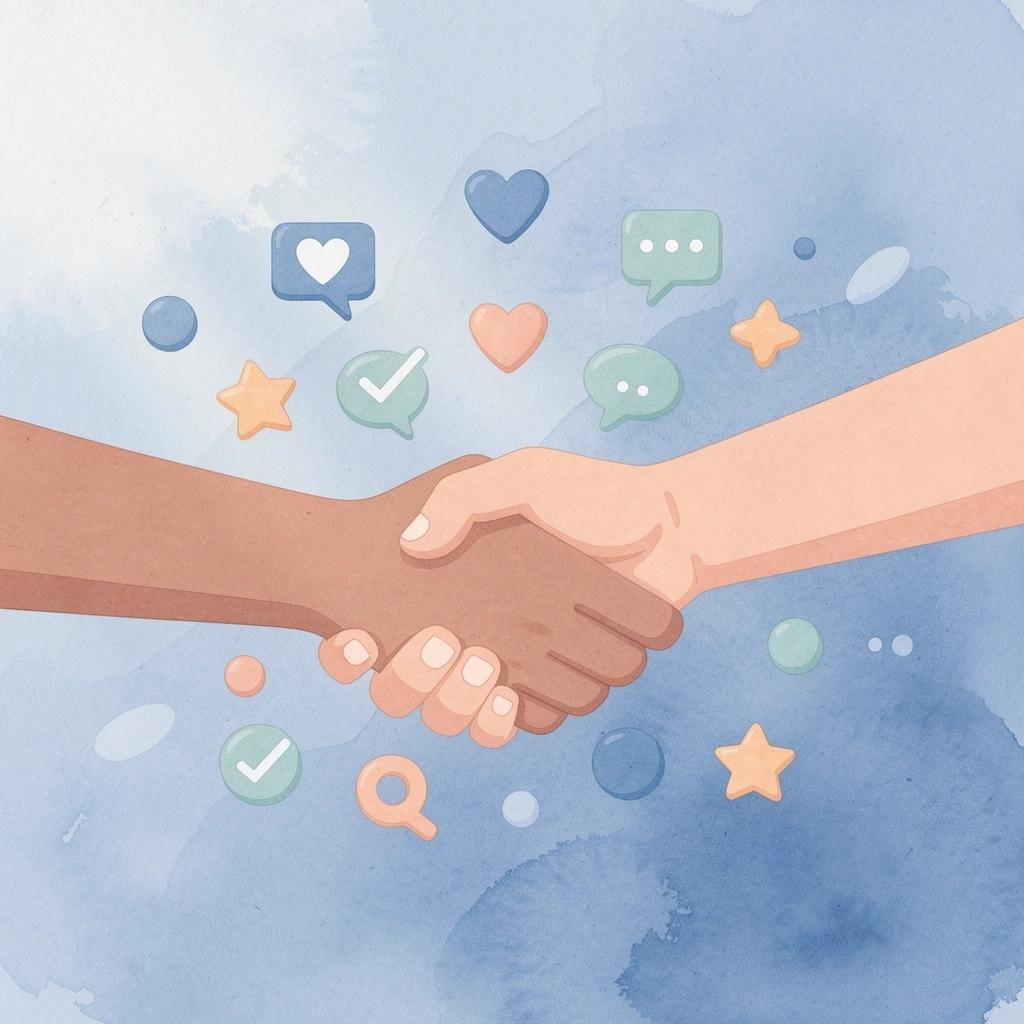 Illustration of hands connecting with floating icons representing creator-brand partnerships