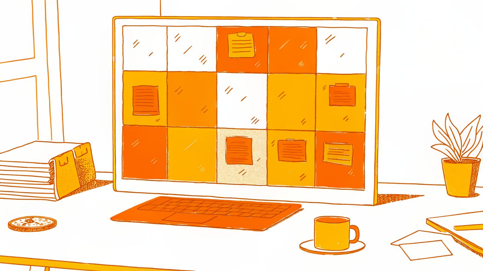 desk monitor displaying a color-coded video tool comparison grid with icons for watermarks, exports, and pricing