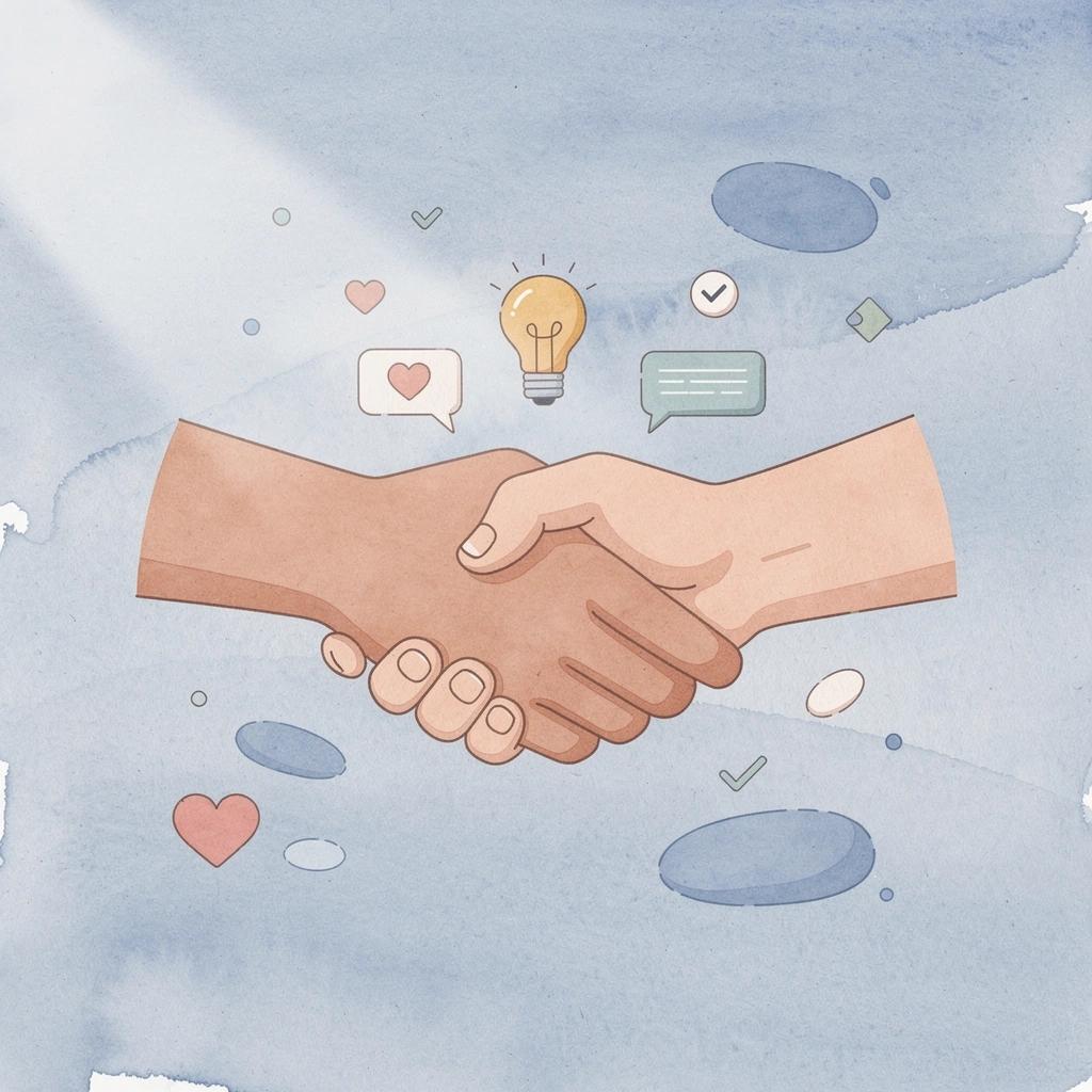 Illustration of creator-brand partnership handshake with social media icons