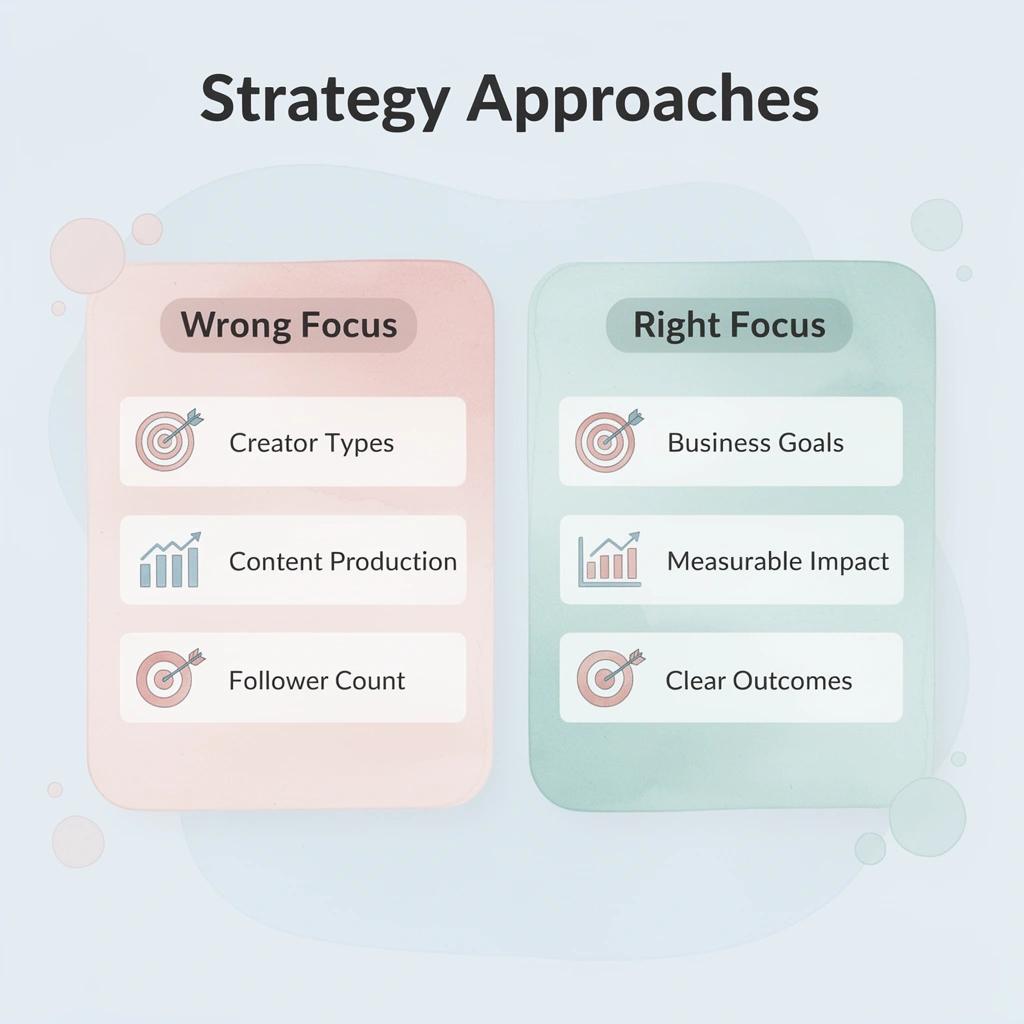 Comparison chart showing wrong focus versus right focus in creator strategy