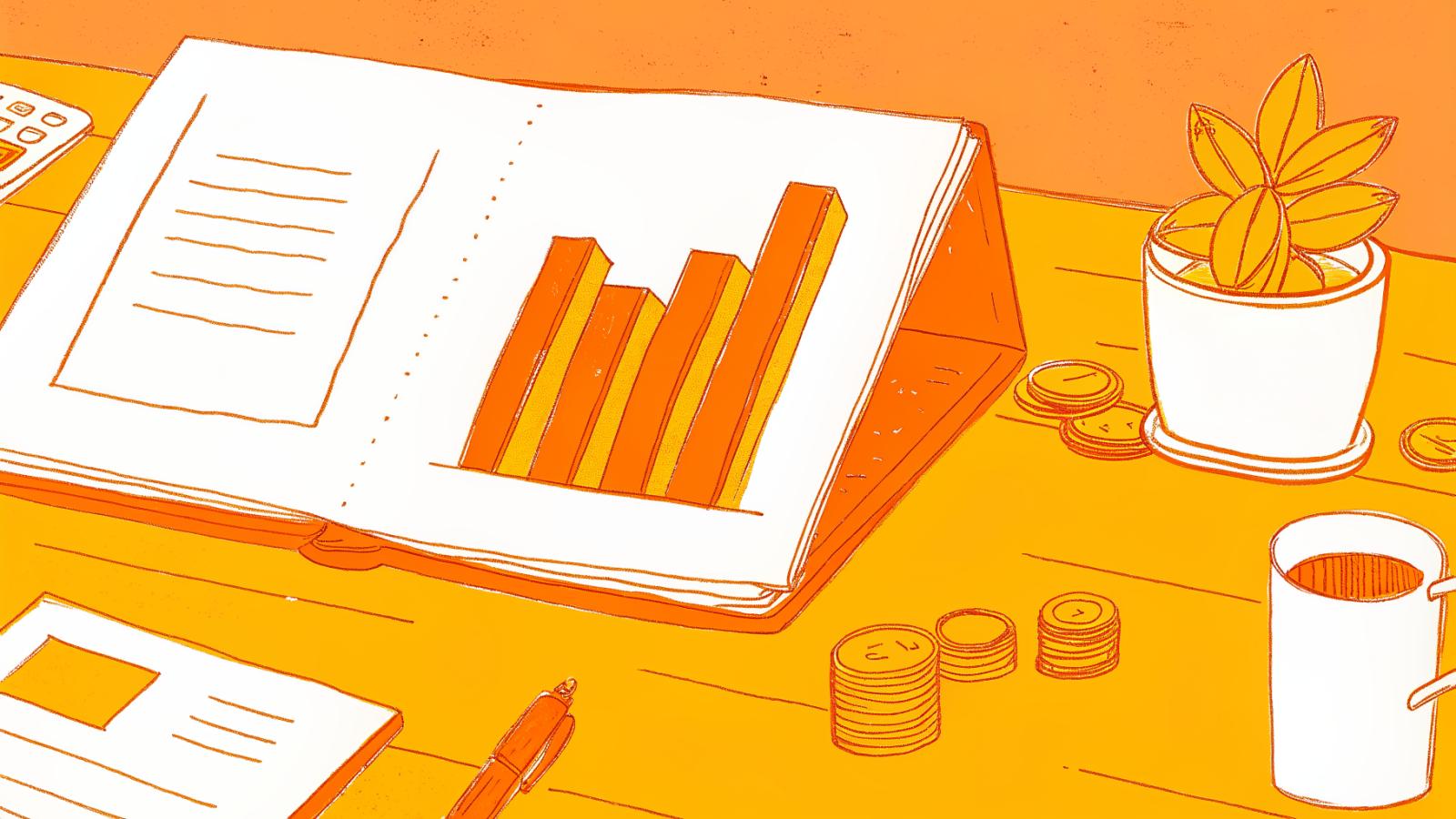 Shrinking creator payout bars beside a tiny coin stack and high view counts on a desk