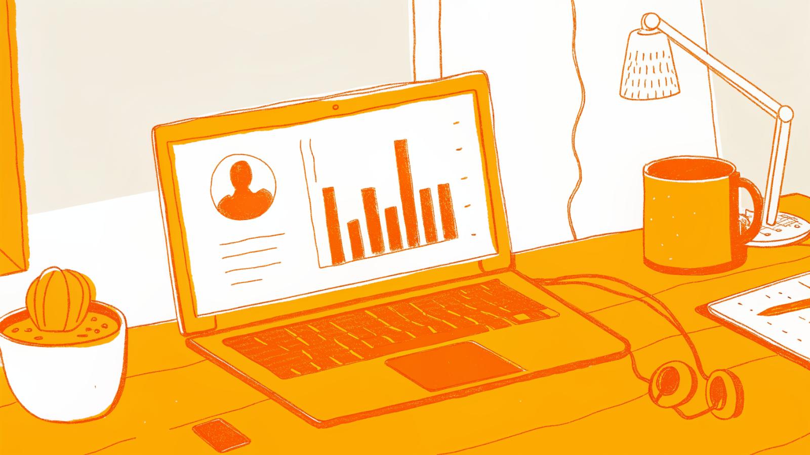 Podcast clip on laptop with flat reach chart showing a single brand account's distribution ceiling