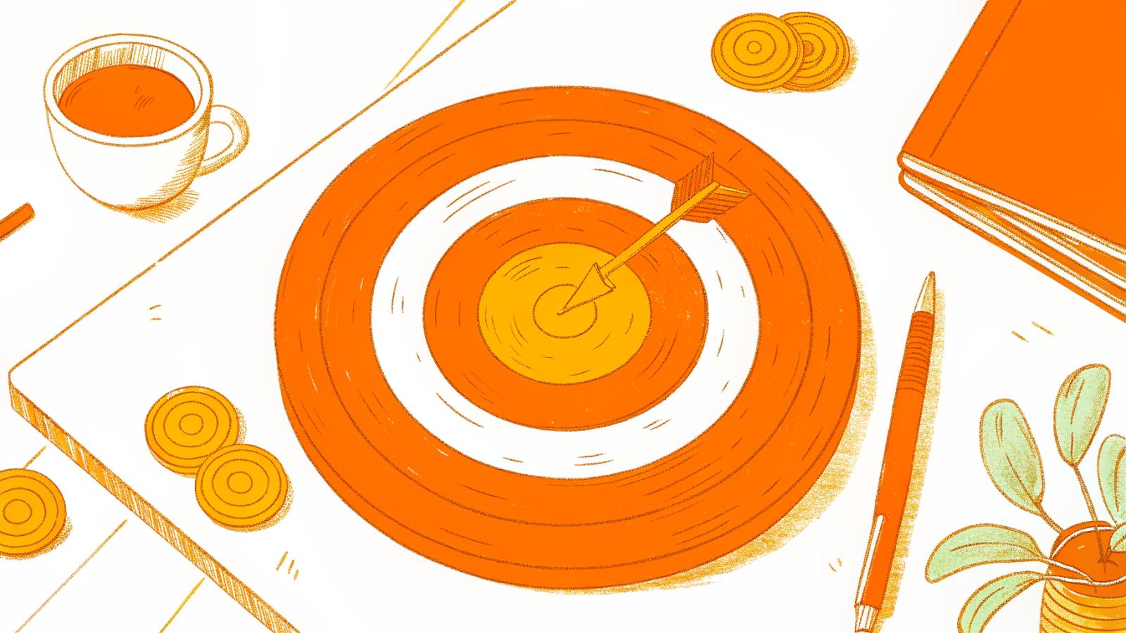 Bullseye target with arrow hitting center, platform icons scattered in outer rings