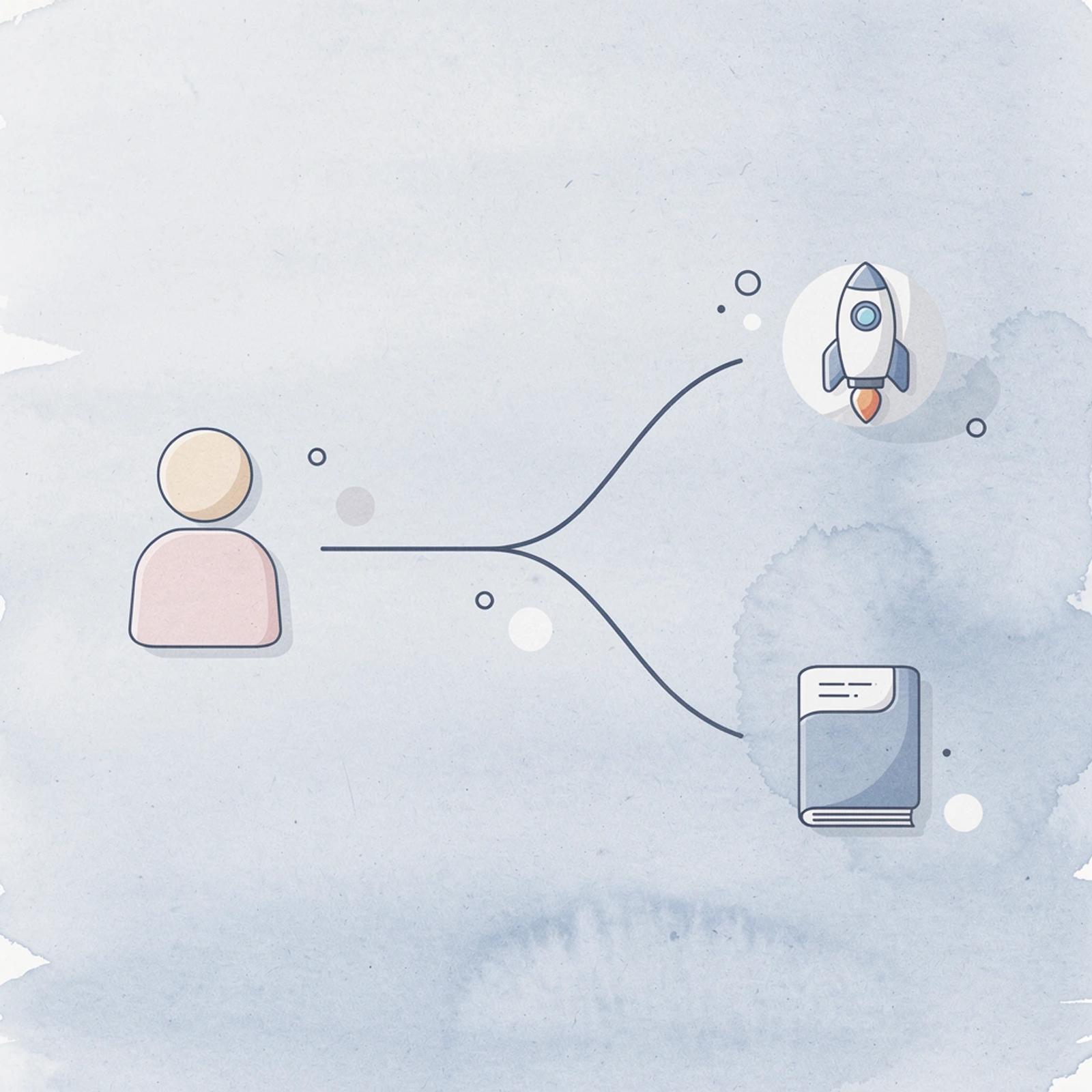 Business model icon splitting into two paths representing validation and distribution