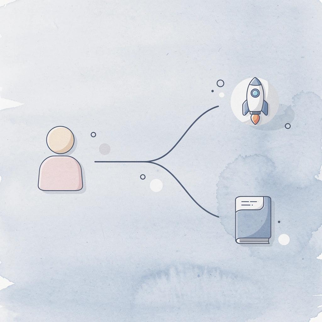 Business model icon splitting into two paths representing validation and distribution