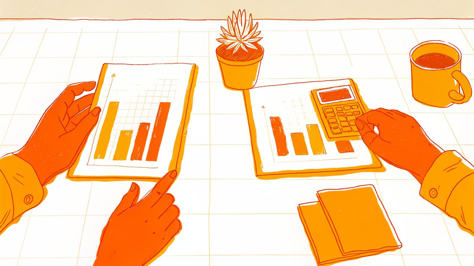 Two hands negotiating over a CPM calculator and rate card on a clean desk