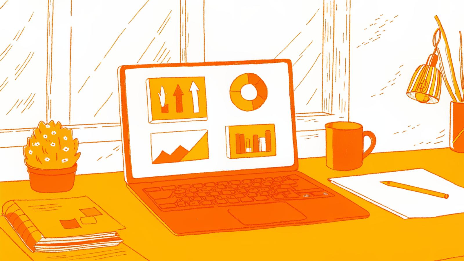 Desk with laptop analytics dashboard highlighting watch-through rate, saves, and replay metrics