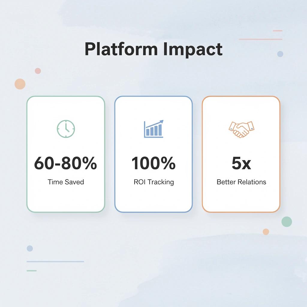 Metrics showing 60-80% time saved, 100% ROI tracking, and 5x better creator relations