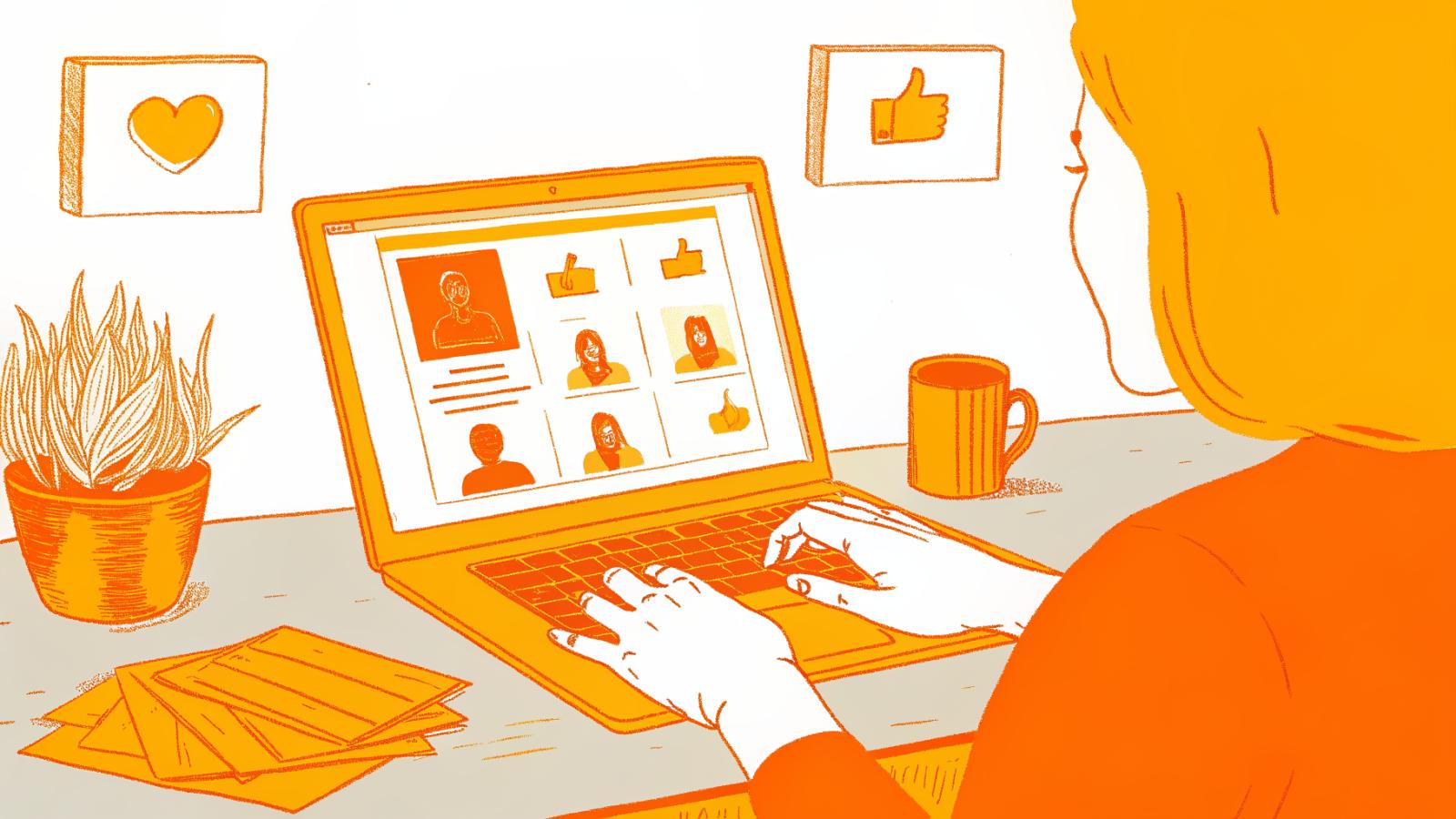 Creator building a niche social profile at a laptop, four brand-matching signals glowing above screen