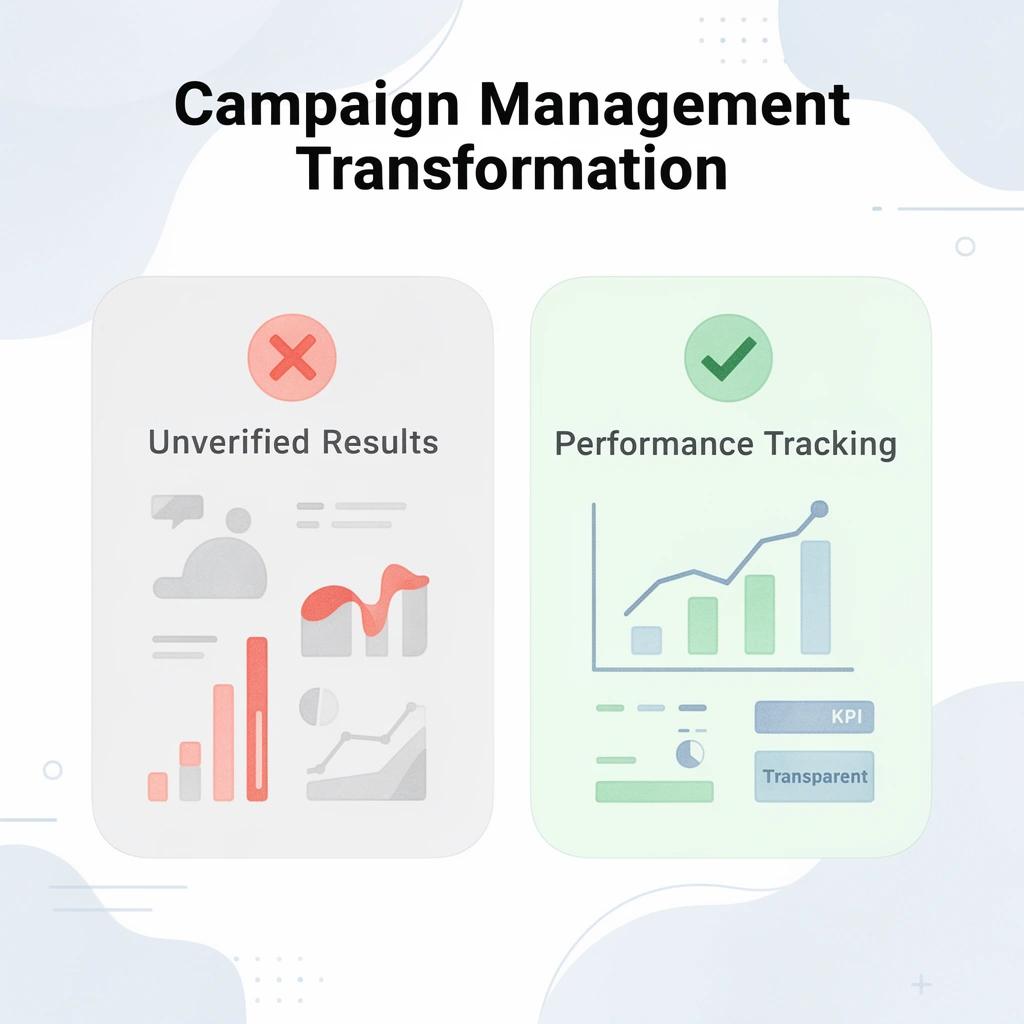 Before and after comparison showing transformation from unverified results to performance tracking
