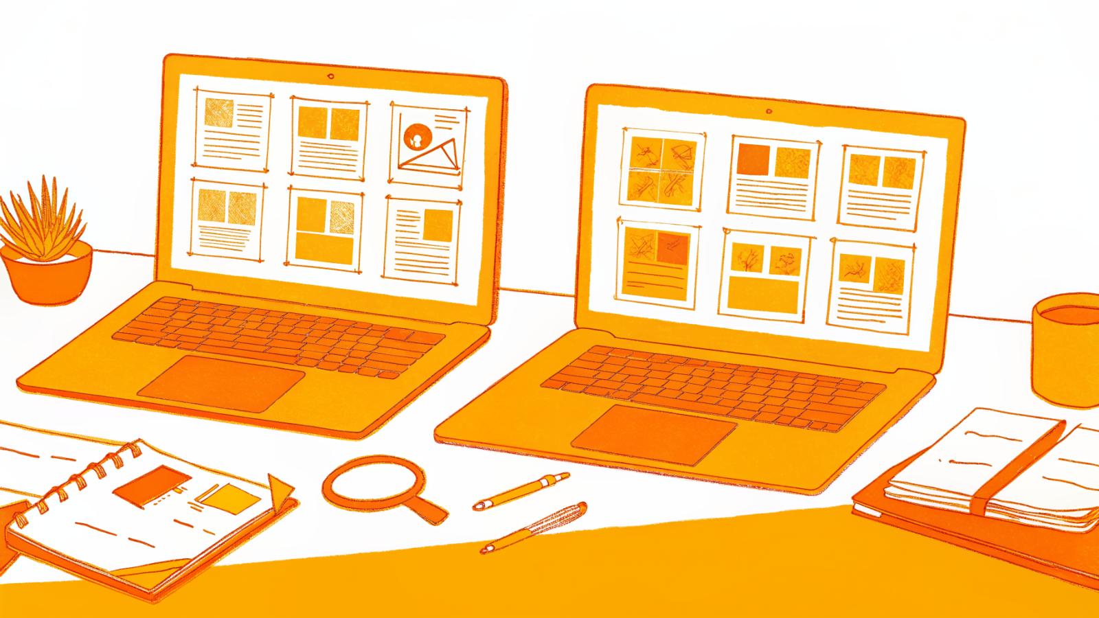 two platform dashboards on laptops side by side on a desk, magnifying glass on checklist