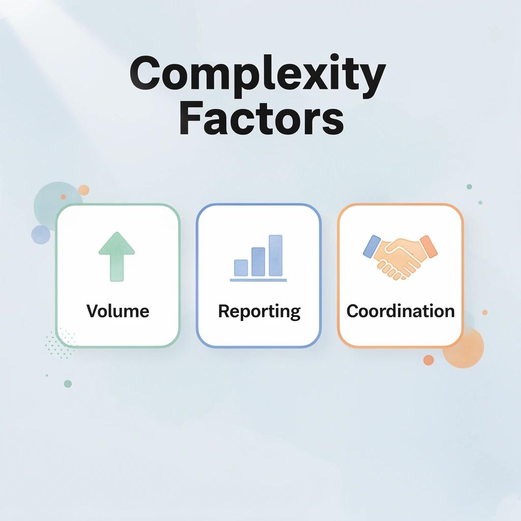 Three key complexity factors: volume, reporting, and coordination