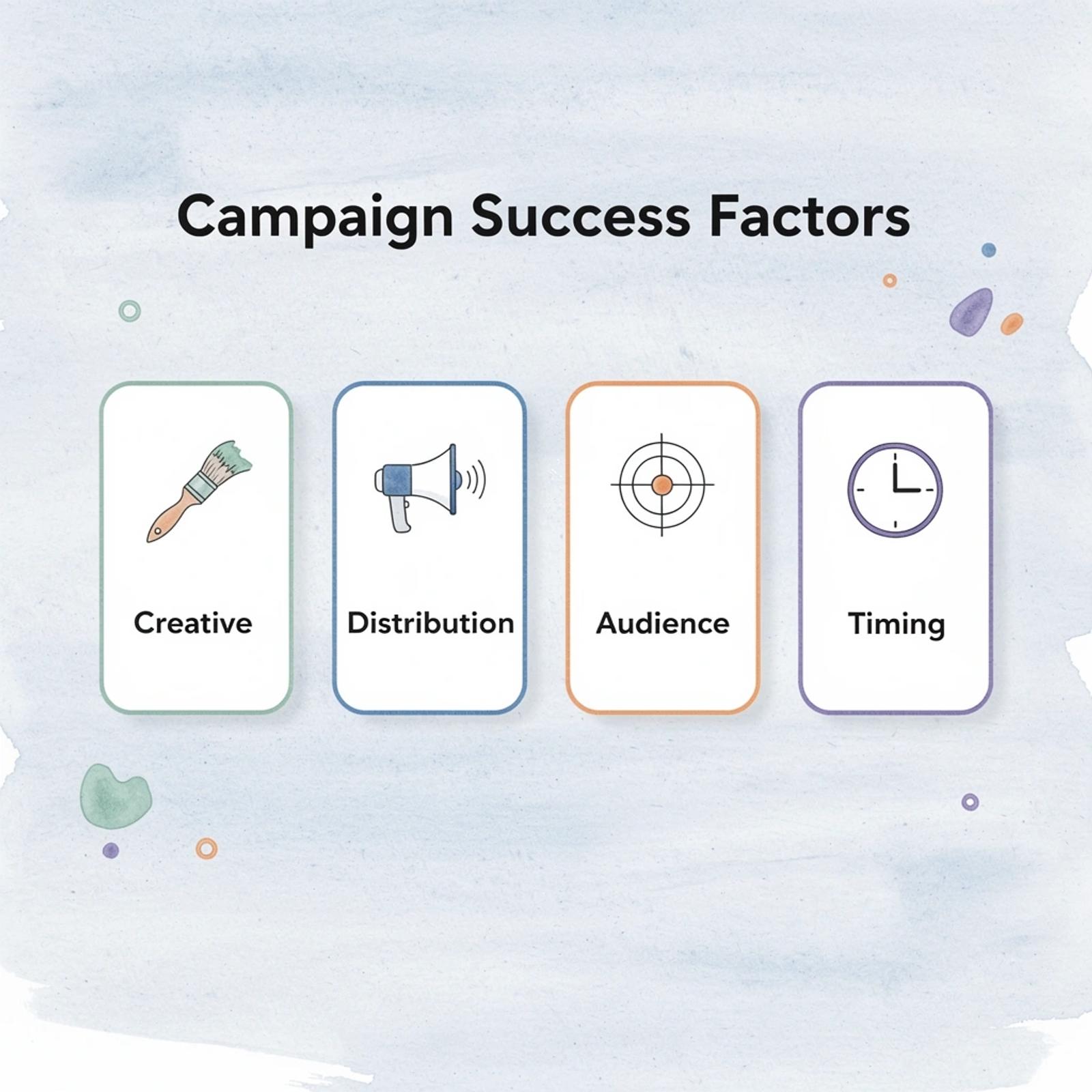 Four key factors for campaign success: creative, distribution, audience, and timing