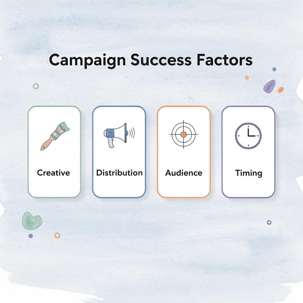 Four key factors for campaign success: creative, distribution, audience, and timing