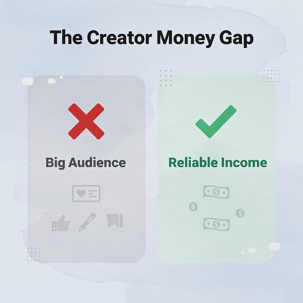 Before and after infographic showing the gap between building an audience and earning a reliable income