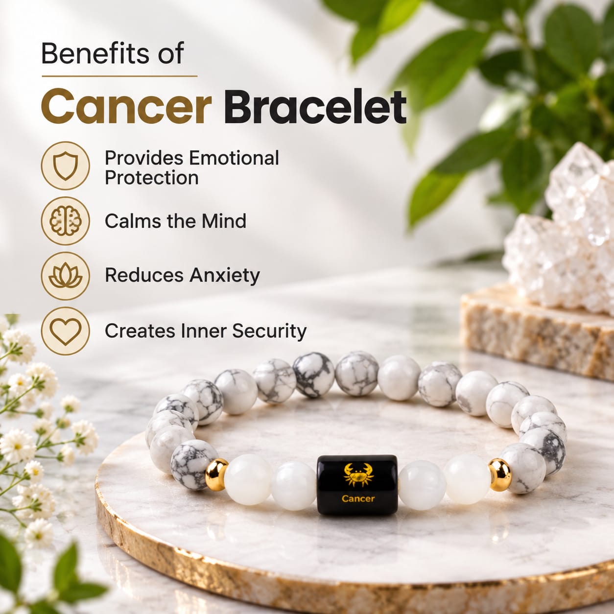 Cancer (कर्क राशि) Zodiac Howlite & Milky Quartz Bracelet