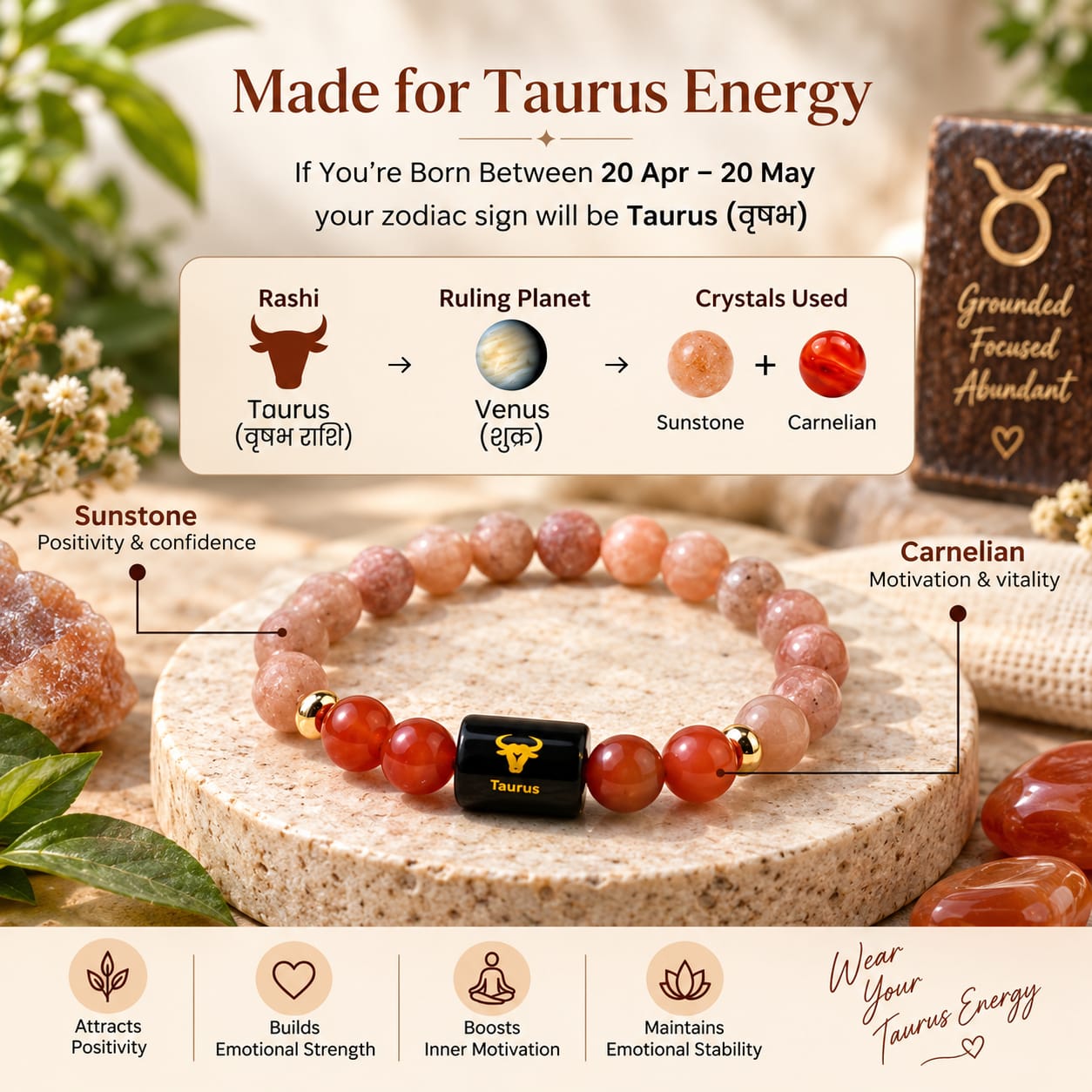 Taurus (वृषभ राशि) Zodiac Sunstone & Carnelian Bracelet
