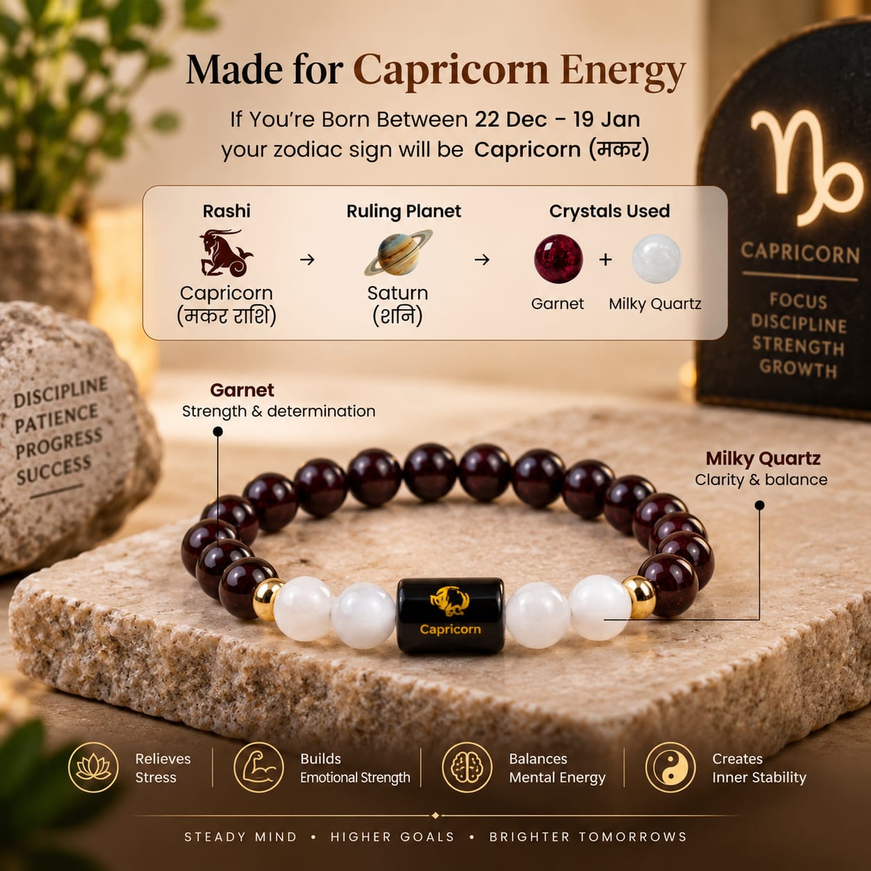 Capricorn (मकर राशि) Zodiac Garnet & Milky Quartz Bracelet