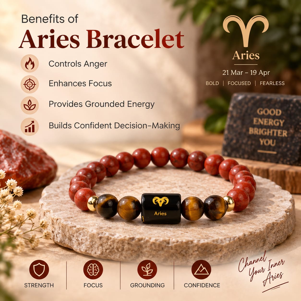 Aries (मेष राशि) Zodiac Red Jasper & Tiger Eye Bracelet
