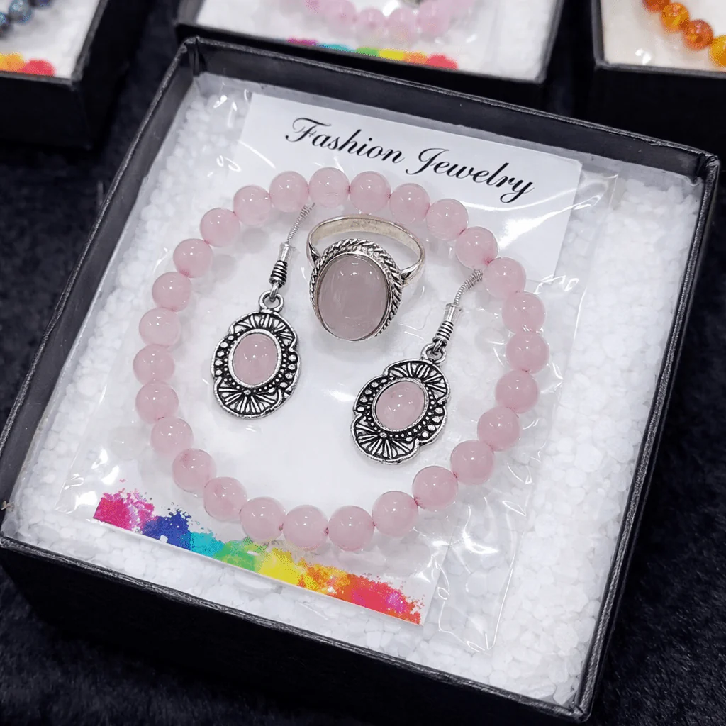 Rose Quartz Healing Crystal Jewelry Set