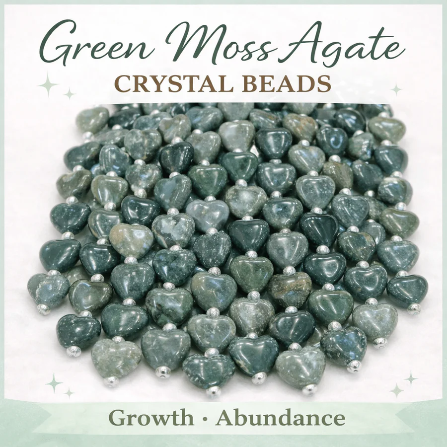 Green Moss Agate Heart Crystal Beads Line