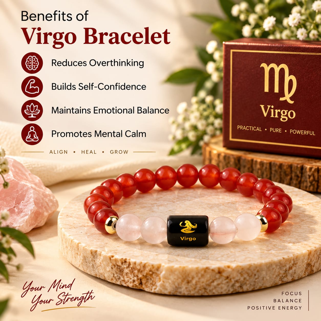 Virgo (कन्या राशि) Zodiac Carnelian & Milky Quartz Bracelet